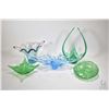 Image 1 : Five pieces of art glass including 12" green bubble glass basket, a 16" wide blue glass dish etc.