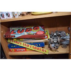 Shelf lot of children's collectibles including Mickey and Minnie collection, music boxes, playing ca