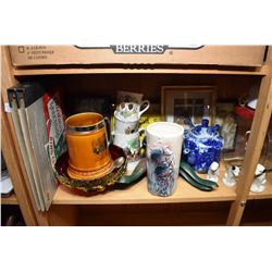 Shelf lot of collectibles including Lord Nelson stein and a Lord Nelson transferware jug, two glass 