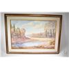 Image 1 : Framed acrylic on board painting of a meadow lake scene signed by artist Meredith Evan '59, 20" X 30