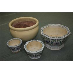 Three graduated octagonal Oriental themed planters and a stoneware planter 17" diameter, note some d