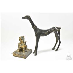 Bronze figure of a dog 9 1/2" in height and a heavy cast gilt figure of Governor stamp, purportedly 