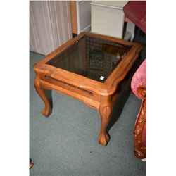 Semi contemporary oak coffee and two end table set with smoked glass insert tops and ball and claw f