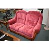 Image 1 : Dusty rose upholstered living suite including full sized sofa and two seat loveseat, both with carve
