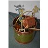 Image 2 : Copper and brass bucket and contents including wooden house and loon bank, small doll sized metal ir