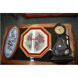 Gilt framed rose motif needlepoint 19 1/4" in diameter, a framed Lena Liu wall plaque plus a Quartz 