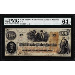 1862 $100 Confederate States of America Note T-41 PMG Choice Uncirculated 64EPQ