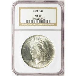 1922 $1 Peace Silver Dollar Coin NGC MS65