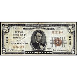 1929 $5 Second National Bank of Houston, Texas CH# 8645 National Currency Note