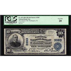 1902PB $10 Citizens of NB of Washington, PA CH# 3383 National Currency Note PCGS VF20