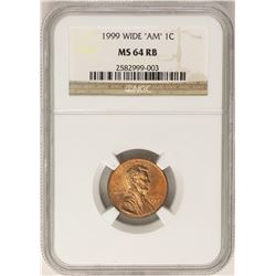 1999 Wide "AM" Lincoln Wheat Cent Coin NGC MS64RB