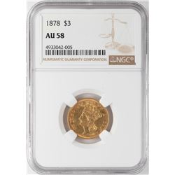 1878 $3 Indian Princess Head Gold Coin NGC AU58