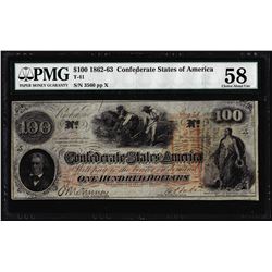 1862 $100 Confederate States of America Note T-41 PMG Choice About Uncirculated 58