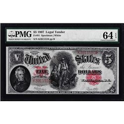 1907 $5 Woodchopper Legal Tender Note Fr.91 PMG Choice Uncirculated 64EPQ