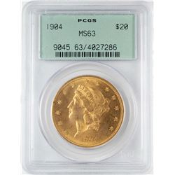 1904 $20 Liberty Head Double Eagle Gold Coin PCGS MS63 Old Green Holder