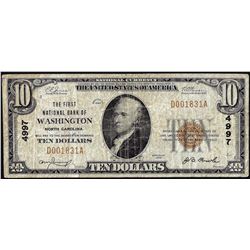 1929 $10 First NB of Washington, North Carolina CH# 4997 National Currency Note