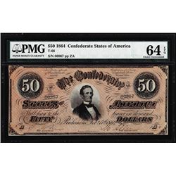 1864 $50 Confederate States of America Note T-66 PMG Choice Uncirculated 64EPQ