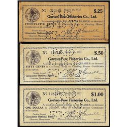 Lot of (3) 1933 Gorton-Pew Fisheries Co., LTD Massachusetts Depression Scrip Notes