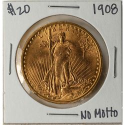 1908 No Motto $20 St. Gaudens Double Eagle Gold Coin