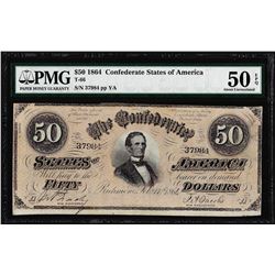 1864 $50 Confederate States of America Note T-66 PMG About Uncirculated 50EPQ