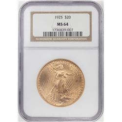 1925 $20 St Gaudens Double Eagle Gold Coin NGC MS64