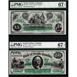 Low Serial Set 1872 $20 & $50 South Carolina Obsolete Notes PMG Superb Gem Unc. 67EPQ