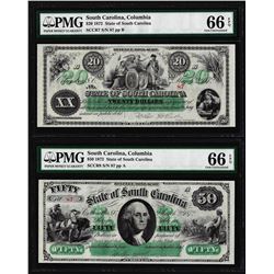 Matching Low Serial 1872 $20 & $50 South Carolina Obsolete Notes PMG Gem Unc. 66EPQ