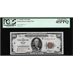 1929 $100 Federal Reserve Bank Note Dallas Fr.1890-K PCGS Extremely Fine 45PPQ