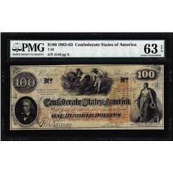 1862 $100 Confederate States of America Note T-41 PMG Choice Uncirculated 63EPQ