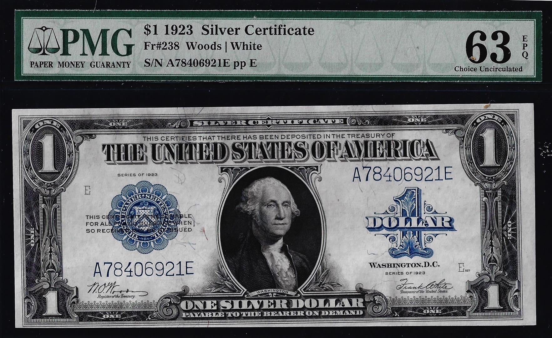 1923 $1 Silver Certificate Note Fr.238 PMG Choice Uncirculated 63EPQ