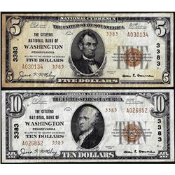 Lot of 1929 Ty. 2 $5/10 Citizens NB of Washington, PA CH# 3383 National Currency Notes