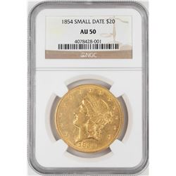 1854 Small Date $20 Liberty Head Double Eagle Gold Coin NGC AU50