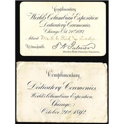 October 21, 1892 World's Columbian Exposition Dedicated Ceremonies Envelope & Ticket