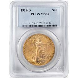 1914-D $20 St. Gaudens Double Eagle Gold Coin PCGS MS63