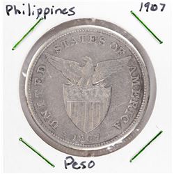1907 Philippines 1 Peso Silver Coin