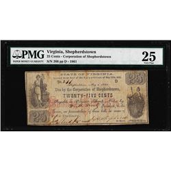1861 Twenty Five Cents Shepherdstown, Virginia Obsolete Note PMG Very Fine 25