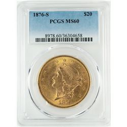 1876-S $20 Liberty Head Double Eagle Gold Coin PCGS MS60