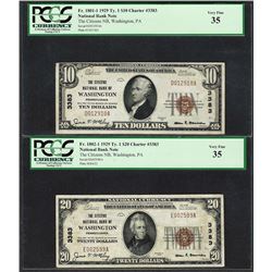 1929 $10/20 Citizens NB Washington, PA CH# 3383 National Currency Notes PCGS VF35