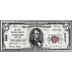 1929 $5 First NB in Oakland, MD CH# 5623 National Currency Note Low Serial Number