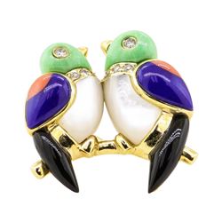 0.12 ctw Diamond and Multi-Colored Gemstone Lovebird Pin - 14KT Yellow Gold