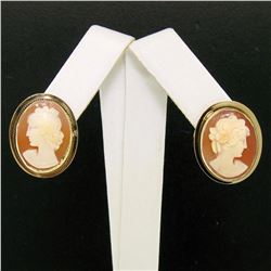 Vintage 14K Yellow Gold Oval Carved Shell Cameo Framed Screw Back Stud Earrings