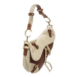 Christian Dior Metallic Gold Brown Jacquard-Trimmed Saddle Bag