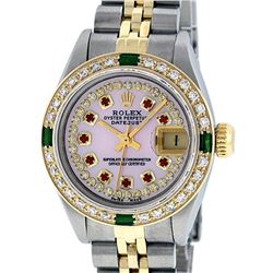 Rolex Ladies 2 Tone 14K Pink MOP Ruby & Emerald Datejust Wriswatch