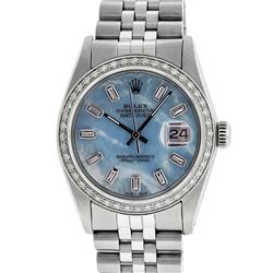 Rolex Mens Stainless Steel Blue MOP Baguette Diamond 36MM Datejust Wristwatch