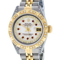 Rolex Ladies 2 Tone 14K MOP Ruby & Pyramid Diamond Datejust Wriswatch