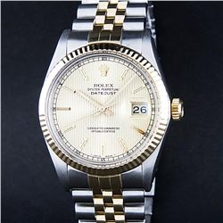 Rolex Mens 2 Tone 14K Champagne Tapestry Index 36MM Datejust Wristwatch