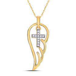 10kt Yellow Gold Round Diamond Angel Wing Dangle Cross Pendant 1/20 Cttw
