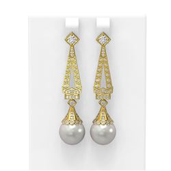 1.55 ctw Diamond & Pearl Earrings 18K Yellow Gold