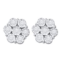 10kt White Gold Round Illusion-set Diamond Flower Cluster Earrings 1.00 Cttw