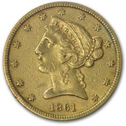 1861 $5 Liberty Gold Half Eagle AU